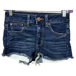 American Eagle Womens Jean Shorts Size 2 Super Stretch Blue Denim Distressed